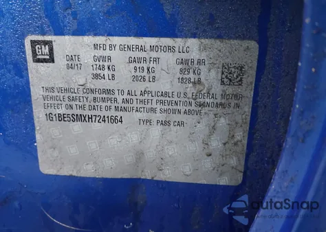 2017 Chevrolet Cruze Lt Auto из США, поврежденный, VIN 1G1BE5SMXH7241664